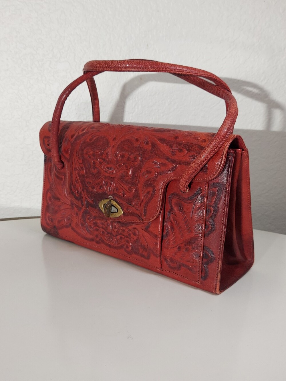 Vintage Red Floral Tooled Leather Mid-Century Artisan Satchel Hand Bag Purse